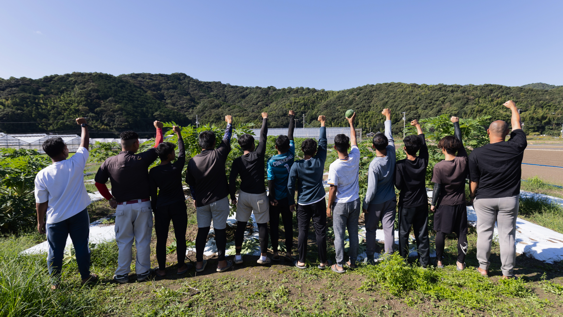 背中を向けて腕を上げる従業員写真